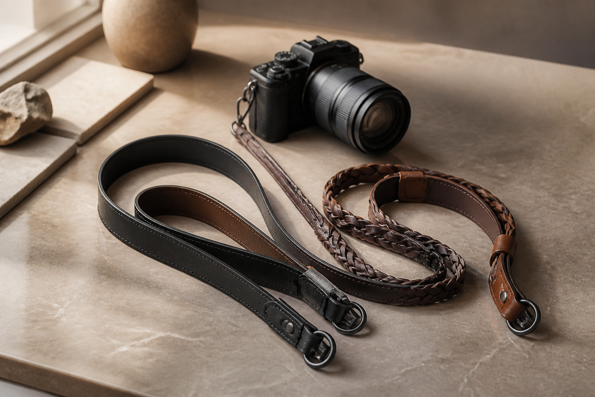 Black and brown leather camera straps in warm natural light