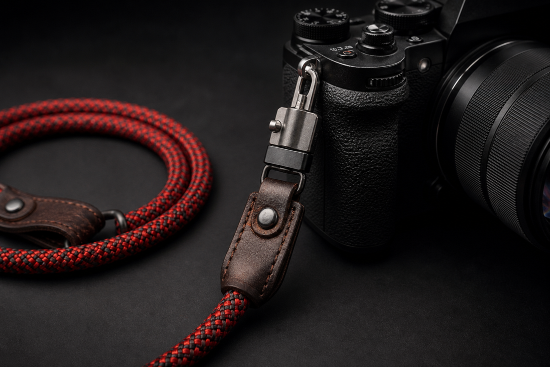 Red rope camera strap and quick-release hardware beside a camera