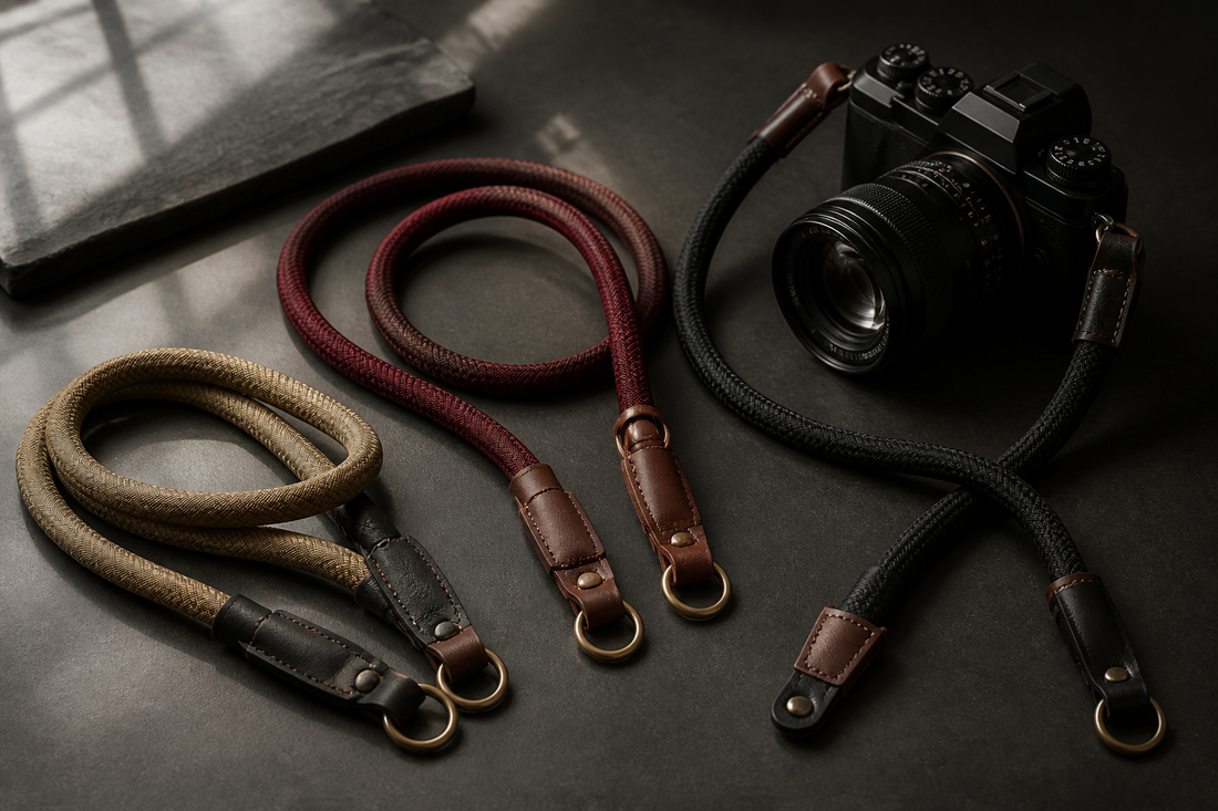 Rope camera straps arranged beside a mirrorless camera
