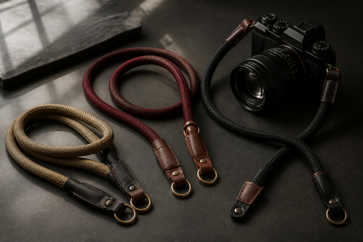 Rope camera straps arranged beside a mirrorless camera