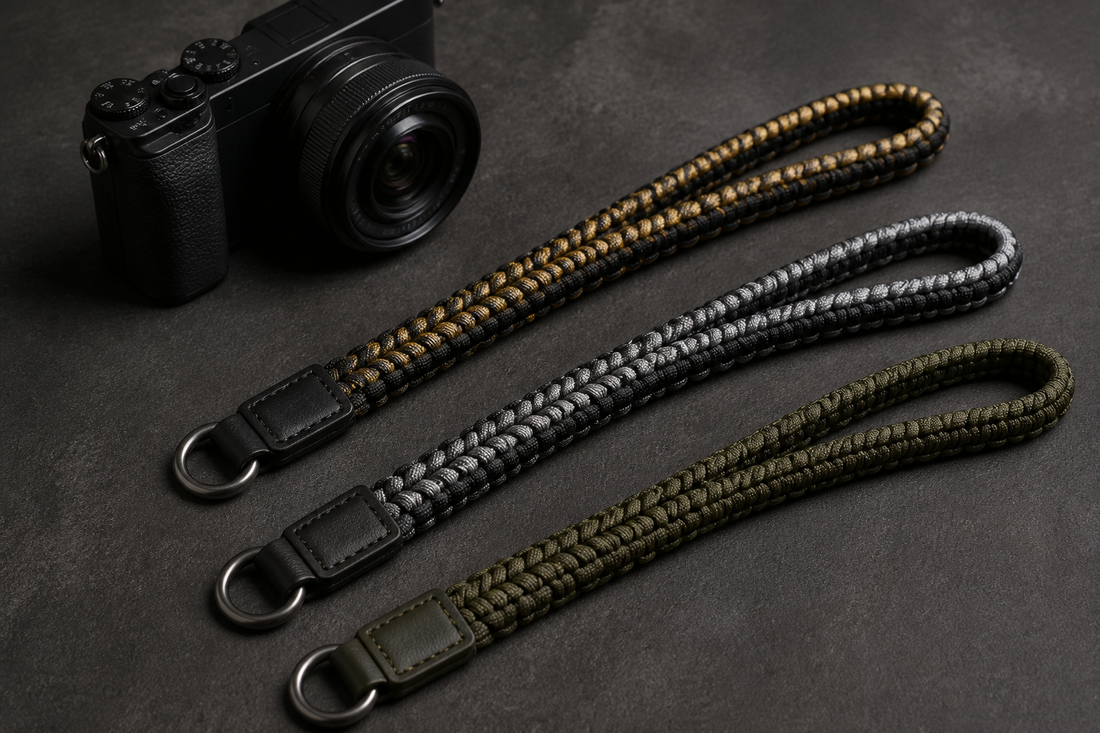 Hand-woven camera straps arranged on a dark studio surface