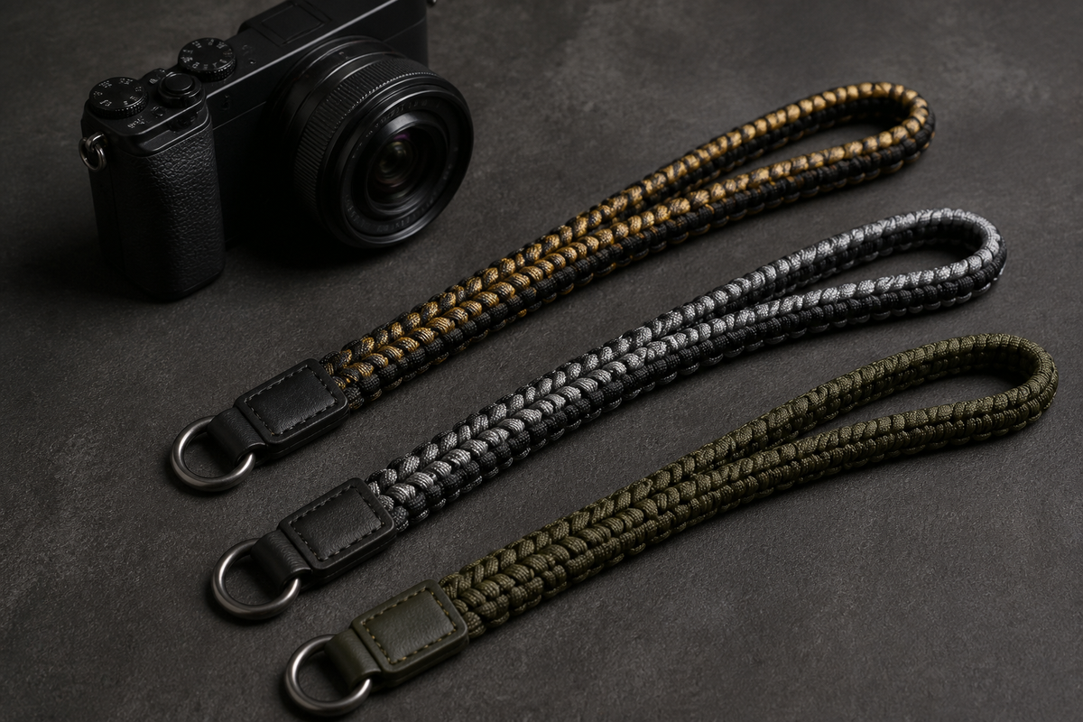 Hand-woven camera straps arranged on a dark studio surface