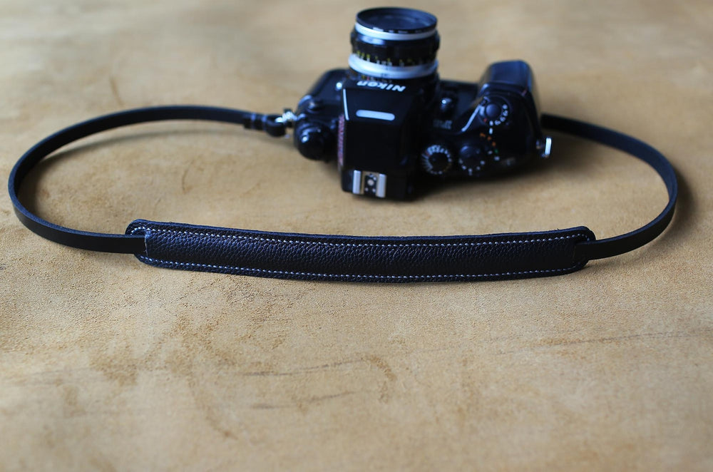 Handmade black leather camera strap